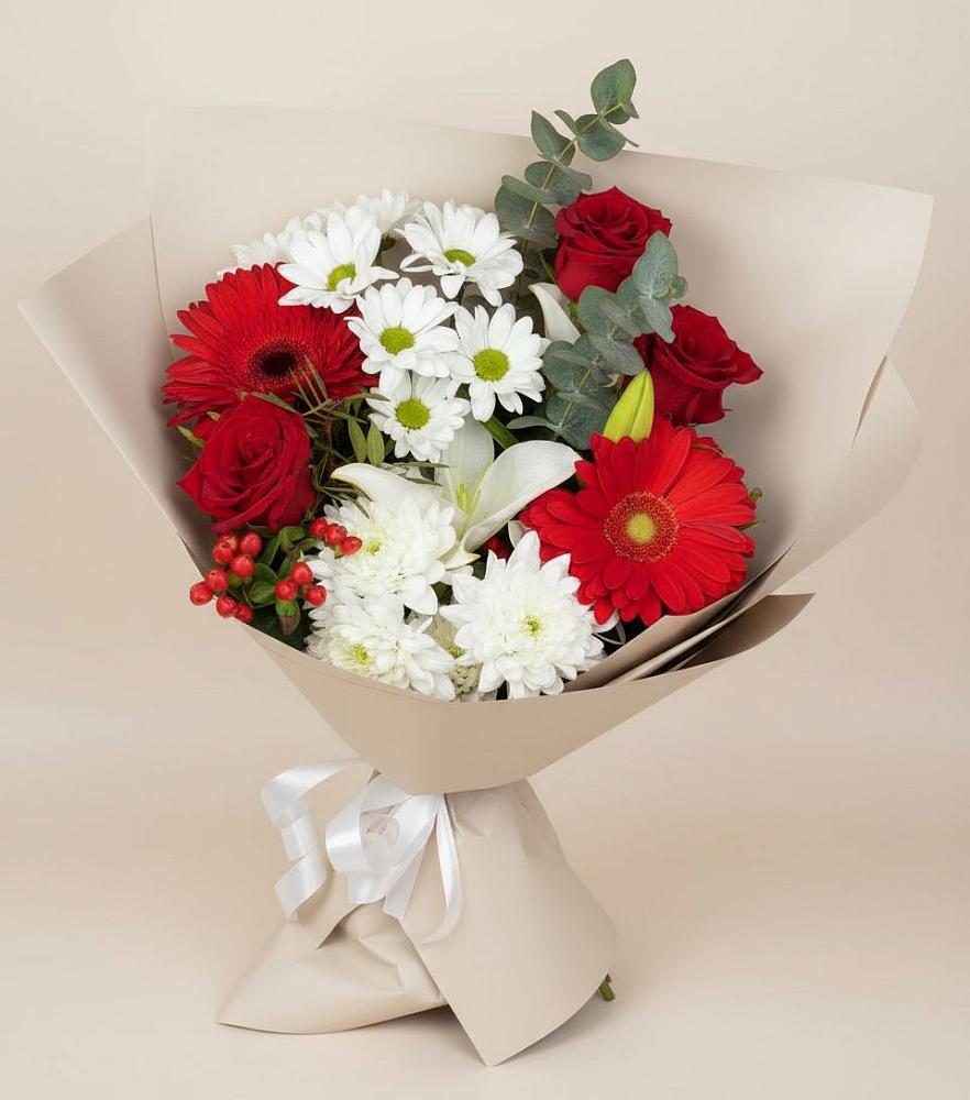 Букет цветов из: Розы, Хризантемы, Герберы и Лилии в Рассвете Ростовской области